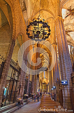 Interior of the Gothic Barcelona Cathedral (Catedral de Barcelona) Editorial Stock Photo