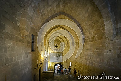 The interior grand staircase of the Palace of the Grand Master of the Knights of Rhodes with huge vaulted ceilings Editorial Stock Photo
