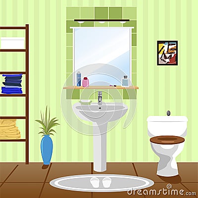 Interior of green bathroom with sink, toilet Vector Illustration