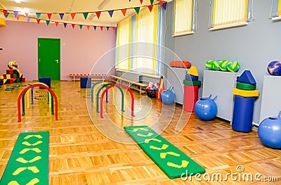 The interior of the gym in the kindergarten. The concept of physical development and health of children Editorial Stock Photo