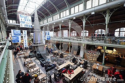 interior of halles saint-gÃ©ry or halles of saint gery (vintage market) in old town of Brussels Belgium Editorial Stock Photo