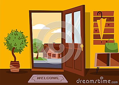 The interior of hallway in flat cartoon style with open door overlooking summer landscape with small country house and green tree. Stock Photo