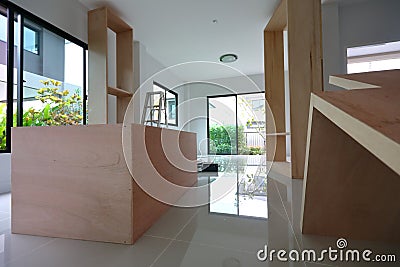 Interior home office renovation, furniture built in with plywood material installing Stock Photo