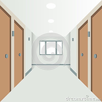 Interior hospital or hotel corridor with doors on the sides Cartoon Illustration