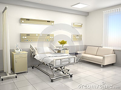 The interior of the hospital room is in warm colors. Cartoon Illustration