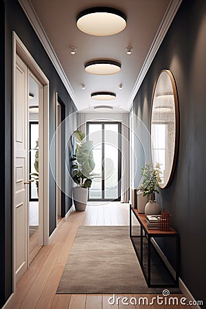 Interior of a hotel corridor with a large mirror. Scandinavian style Stock Photo