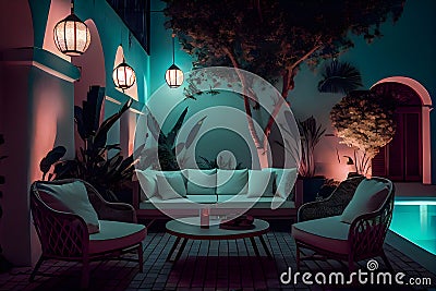 Interior hotel design with sofa and armchairs in the garden at night. AI Generative Stock Photo