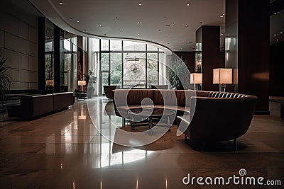 Interior of the hotel lobby with sofas and armchairs, A luxurious hotel lobby interior with a comfortable and stylish waiting area Stock Photo