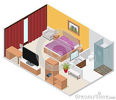 Interior Hotel Room Isometric View. Vector Vector Illustration