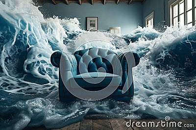 Interior of the house flooded with water. Water floods the room with the armchair. Mental health concept, safe place. Panic attack Stock Photo