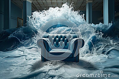 Interior of the house flooded with water. Water floods the room with the armchair. Mental health concept, safe place. Panic attack Stock Photo