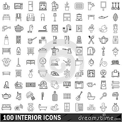 100 interior icons set, outline style Vector Illustration