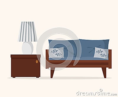 Interior illustration - sofa, bedside table and table lamp. Vector. Vector Illustration