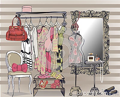 Interior illustration with women wardrobe Vector Illustration