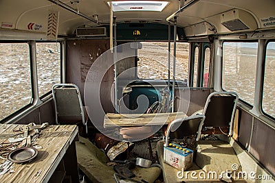 Interior inside of abandoned forgotten remote rural idyllic isolated magic bus schoolbus in Hunavatn Northern Iceland Editorial Stock Photo