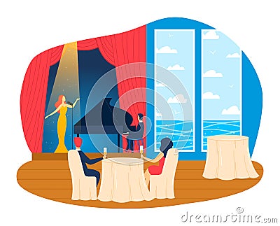 Interior inside cruise liner, luxury restaurant, vacation travel day, enjoyable summer vacation, cartoon style vector Vector Illustration