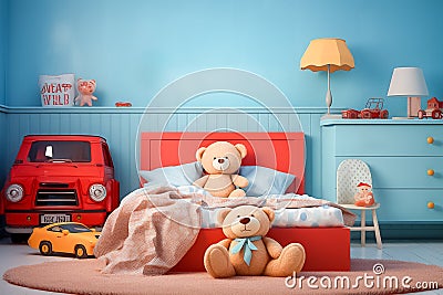 Interior of kid bedroom with cute bear doll and toys, generative AI Stock Photo