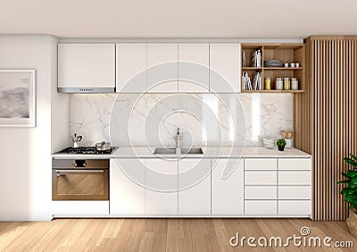 Interior of a kitchen seen from the front. Luminous image. Wooden floor, white furniture, marble counter tops and a wainscoting on Stock Photo