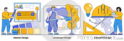 Interior, Landscape and Industrial Design with People Characters Illustrations Pack Vector Illustration