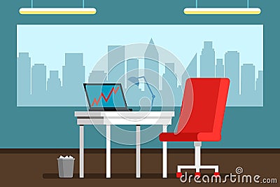 Interior of a large bright office with a large window and a panorama of the city. Cartoon Illustration