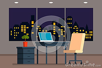 Interior of a large bright office with a large window and a panorama of the night city. Cartoon Illustration