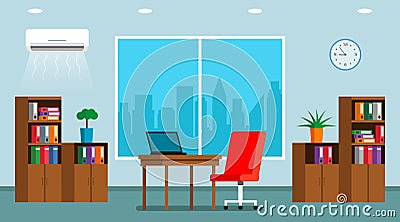 The interior of a large bright office with three large windows and a panorama of the city. Vector Illustration