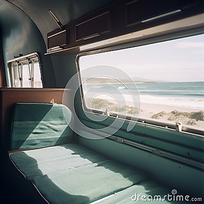 Interior of large caravan auto trailer, outside window sees beautiful natural landscape sea and beach Stock Photo