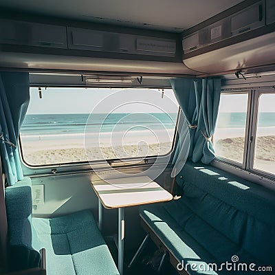 Interior of a large caravan auto trailer, outside the window sees a beautiful natural landscape sea and beach Stock Photo