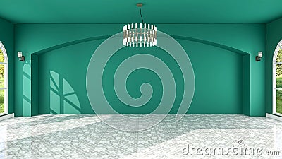 Interior of large empty hall room with green empty arch wall and tile floor, 3d rendering Stock Photo