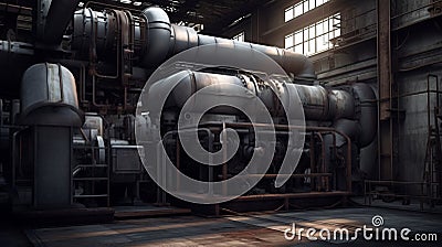 The interior of a large factory or industrial structure made of steel Stock Photo