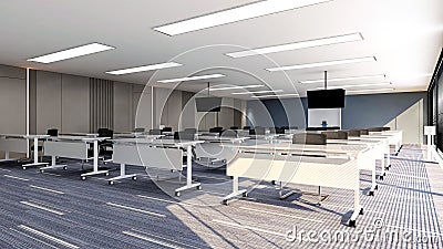 Interior of large modern office training room with large curved monitor screen for presentation and ceiling TV monitors Stock Photo