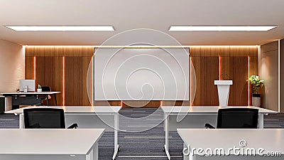 Interior of large modern office training room with large curved monitor screen for presentation and ceiling TV monitors Stock Photo