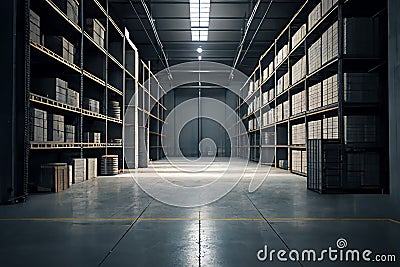 The interior of the Large Storage Room with shelves, racks, and merchandise. Business background Stock Photo