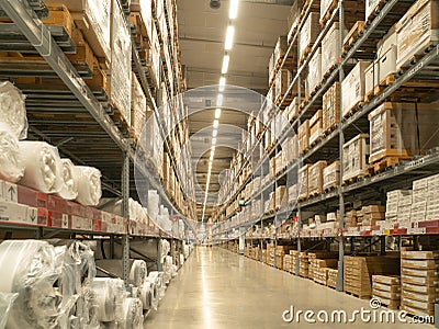 Interior of large warehouse retail store industry. Rack of furniture and home accessories store. Interior of cargo in ecommerce Editorial Stock Photo