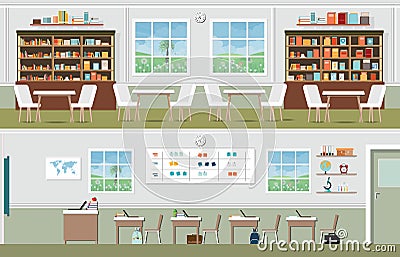 Interior of library and classroom. Vector Illustration