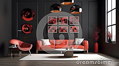 Interior of the living room in black tone with a red sofa and armchair. Decorated with flower vase Stock Photo