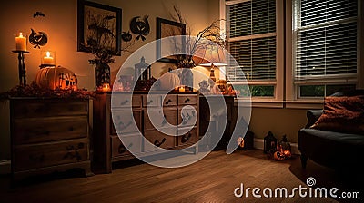 Interior of living room decorated for Halloween with door and chest of drawers, generative ai Stock Photo