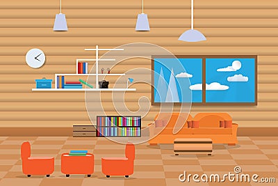 Interior living room design relax with sofa orange and bookshelf, window in wood wall With floor tile background. vector illustrat Cartoon Illustration