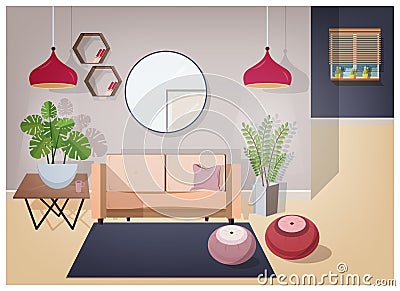 Interior of living room furnished with stylish comfortable furniture and home decorations - cozy sofa, coffee table Vector Illustration