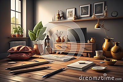 Interior of living room with furniture, armchair, books, coffee table and other items. generative ai Stock Photo