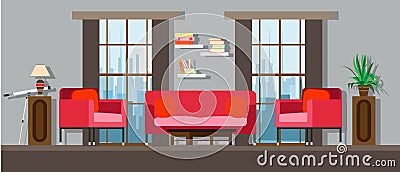 Interior living room home furniture design. Modern house apartment sofa vector. Flat bright window, table, wall decor. Illustratio Vector Illustration