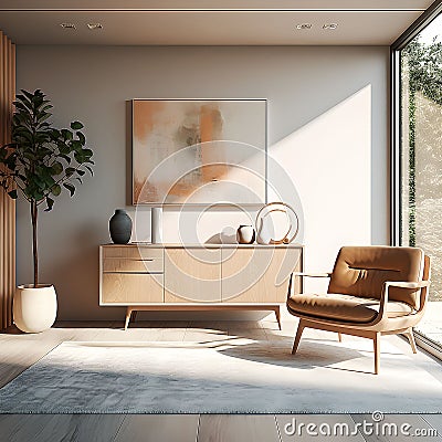 Interior of the living room morning sun with brown sideboard and armchair. Stock Photo