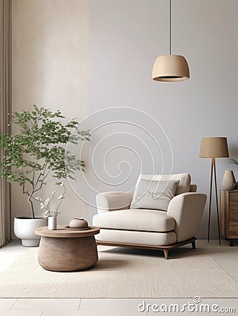 Interior of living room with pendant light, coffee table, armchair over beige mock up wall. Home design Stock Photo