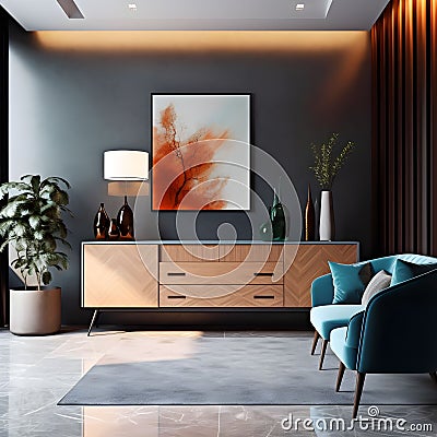 Interior of the living room with sideboard and armchair. Decorated with wall painting Stock Photo