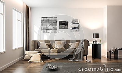 Interior living room, white modern style, with brown loose sofa, on hardwood floor, studio mock-up, 3D rendering, 3D illustration Cartoon Illustration