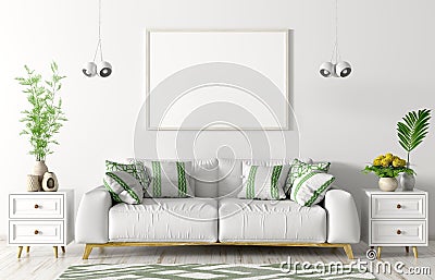 Interior of living room with white sofa, two chests and empty mock up poster 3d rendering Stock Photo