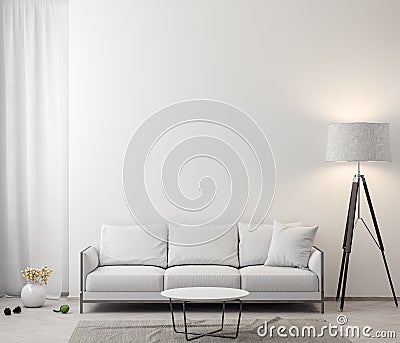 Interior of living room with white walls, 3D Rendering Stock Photo