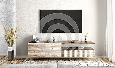 Interior of living room with wooden sideboard over granite wall. Modern room with TV screen. Home design. 3d rendering Stock Photo