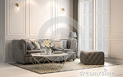 Interior living studio, modern classic style, 3D rendering, 3D i Cartoon Illustration