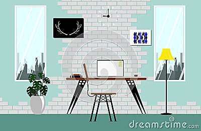 Interior in loft space with white vintage brick wall color sky. Modern cozy workspace with wooden table laptop lamp clock vector Vector Illustration